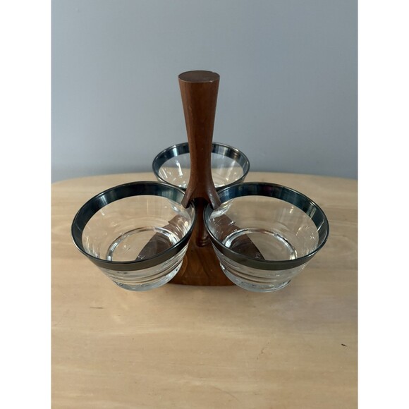 Vintage Libbey 3 Piece Glass Bowl Condiment Set w/ Wood Caddy MCM Mid Century 50 - Picture 15 of 15
